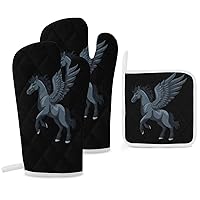 Pegasus Black Horse Oven Mitts Gloves with Pot Holders Sets 3 Pack Heat Resistant Non Slip Kitchen Potholder Gloves