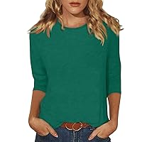 Womens Tops Dressy Casual Three Quarter Sleeves Solid Color Petite Tops Round Neck Polyester Womens Tops Casual Summer Tops for Women y2k Pullover 03-Dark Green 3X-Large