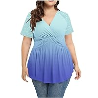 Womens Plus Size Tops Lace Short Sleeve V Neck Wrap Dressy Casual Shirt Pleated Flowy Tees Babydoll Tshirts Blouse