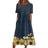 Casual Dresses for Women Summer Printed Pleated Round Neck Midi Dresses Basic Short Sleeve Loose Dresses