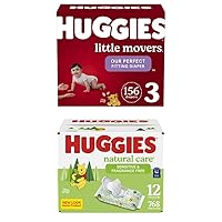 Baby Diapers and Wipes Bundle: Huggies Little Movers Size 3 (16-28 lbs), 156ct & Natural Care Sensitive Baby, Unscented, Hypoallergenic, 12 Flip-Top Packs (768 Wipes Total)