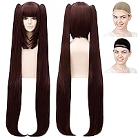 Cosplay Wig with Hair and Nekopara Sister, Sucre the Cat, Chocolat, Long, Long Hair, Dark Brown, White Melce Wig Net, Set of 2
