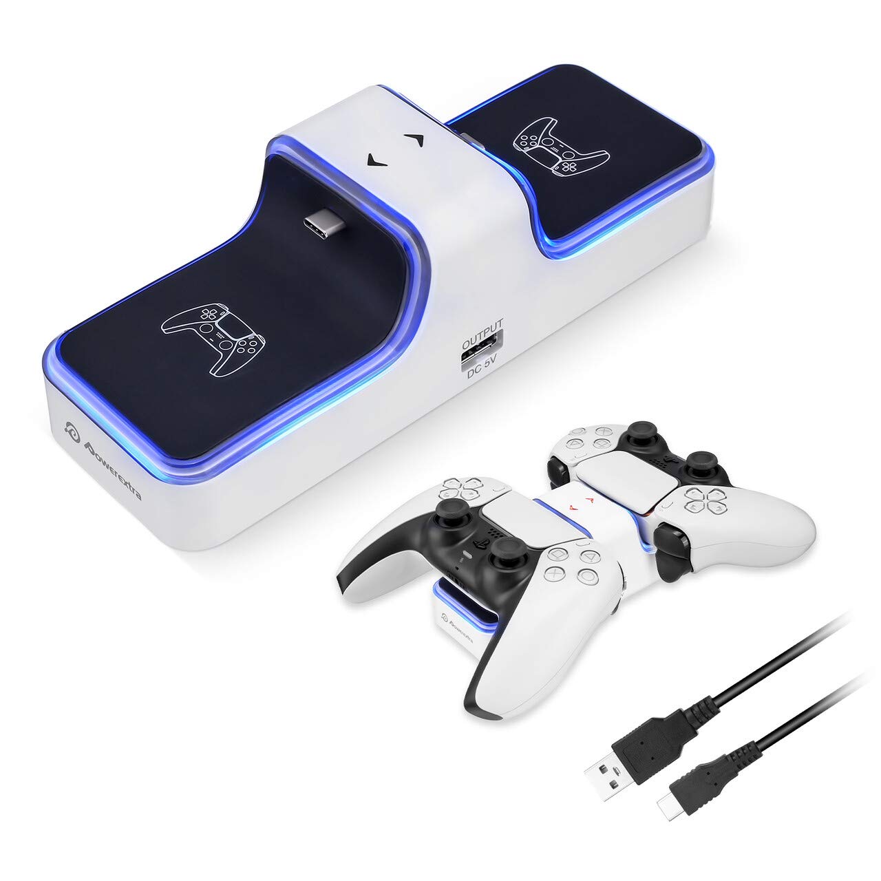 Powerextra Control Charger for PS5 - Charging Station for Playstation 5 Dual Charger Compatible with DualSense Playstation 5 Controllers with LED Indicator - Charging Type-C