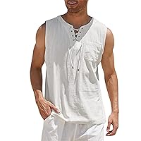 Mens Cotton Linen Tank Top Sleeveless Lace Up Shirt Summer Casual T Shirt Beach Hippie Tee Renaissance Tunic Top