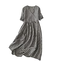 V-Neck Cotton Blend Loose Summer Plaid Dress Lady Work Women Travel Style Casual