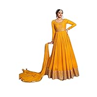Yellow Woman Anarkali Party Dress Sequin work Indian Silk Salwar Kameez 3996