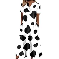 Women 2023 Fashion Cow Print Short Sleeve Button T-Shirt Dress Summer Casual Loose Swing Tunic Mid Dress with Pocket