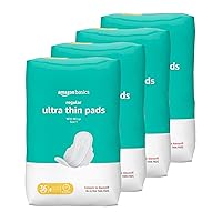Amazon Basics Ultra Thin Pads with Flexi-Wings for Periods, Regular Absorbency, Unscented, Size 1, 144 Count, 4 Packs of 36 (Previously Solimo)