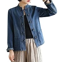 spring/summer chinese ethnic style buckle stand collar casual denim long sleeve jacket size