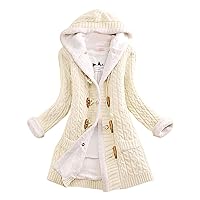 Plus Size Cardigan Coat for Women 2 in 1 Knit Coarse and Fuzzy Fleece Casual Solid Color Horn Button Closure Winter Hooded Tops Sweaters(White 5XL)