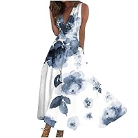 Spring Dresses for Women 2024 Summer Navy Blue Long Maxi Swing Dress A Line Dress Floral Print Sleeveless V Neck Dress
