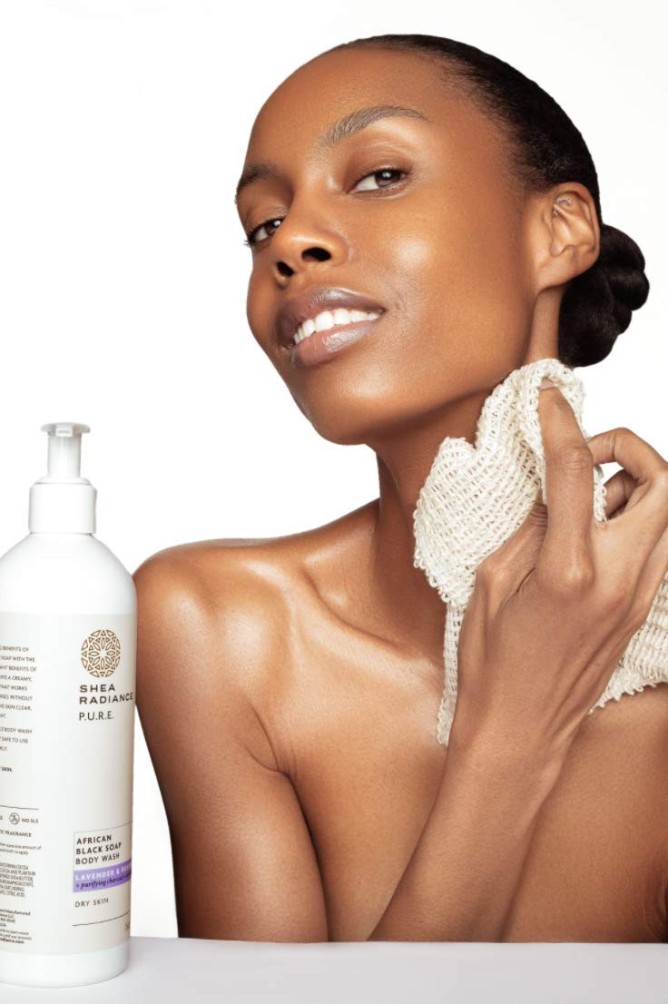 Shea Radiance African Black Soap Body Wash - Dry Skin, Eczema, Rashes, Blemish Cleanser | Lavender Rosemary (16 oz)