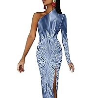 Wintern Ice Crystal Half Sleeve Split Dress for Women Long Maxi Dress Bodycon Evening Party Dresses