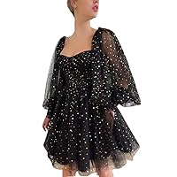 Women's Sparkle Starry Tulle Homecoming Dresses Puffy Sleeve Short Prom Dresses Party Gowns for Teens