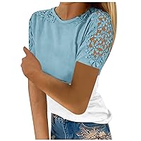 Basic Tops for Women, Women's Fashion Lace Hollow Solid Colour Round Neck Short Sleeve T-ShirtTop