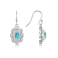 Sterling Silver Antique Style Floral Earrings - Oval Shape Gemstone & Diamonds - 6X4MM Birthstone Earrings - Timeless Color Stone Jewelry