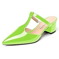 Women's Patent Casual Dating T Strap Mules Pointed Toe Chunky Low Heel Pumps Heeled Slide Sandals 2 Inch