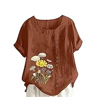 Womens Cotton Linen Summer Tops Short Sleeve Button Up Oversized Shirts Dressy Casual Elegant Crewneck Printed Blouses