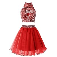 Women's Short Two Pieces Beading Tulle Homecoming Prom Dress