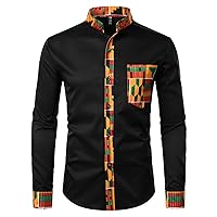 Men's African Dashiki Print Shirts Big & Tall Slim Fit Ethnic Style Stand Collar Long Sleeve Button Down T Shirts