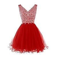 Women's Short V-Neck Beaded Tulle Cocktail Party Homecoming Dress