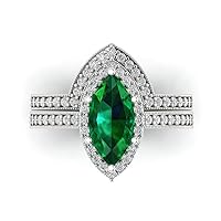 Clara Pucci 2.16ct Marquise Round cut Custom Engraving Halo Faux Green Emerald Engagement Ring Band Wedding Bridal Set 14k White Gold 10
