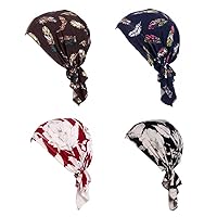 Women Stretch Cotton Print Sleep Turban Hat Headwear Scarf Chemo Beanie Cap For Cancer Hair Loss (Coffee Navy Feather Black Red Leaves)