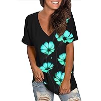 Short Sleeve Summer Tops for Women 2023 Fashion Dressy Casual T Shirts Cute Floral Print V Neck Sexy Tunic Blouses