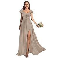 Women’s Ruffle Sleeve Bridesmaid Dresses with Pockets Long Button Pleated Formal Dress with Slit