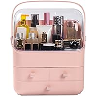 Haturi Makeup Organizer, Waterproof&Dustproof Cosmetic Organizer Box with Lid Fully Open Makeup Display Boxes, Skincare Organizers Makeup Caddy Holder for Bathroom, Dresser, Countertop Bedroom-Pink
