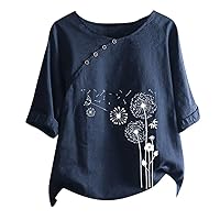 Women's Linen Pullover Round Neck Vintage Cotton and Linen Print Loose Short Sleeve Blouse Flower Print Patch