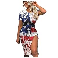 Dress Shirts for Women, Women's Hip Dress for Women Round Neck, Split Lace-up Dresses Independence Day Print Dress
