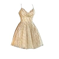 Mollybridal Sparkly Gold Sequined Fabric Short V Neck Cocktail Homecoming Prom Dresses for Women Girls with Straps