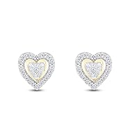 14K Gold Over Sterling Silver Round Shape Natural Diamond Two Tone Heart Stud Earrings (0.1 Cttw, I2-I3 Clarity)