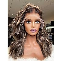Brown Highlighted Slight Wavy HD Invisible 13X6 Lace Front Wig 100% Brazilian Remy Human Hair Wigs Preplucked Natural Hairline Glueless Dark Roots Loose Wave Colored Wig Baby Hair 150 Density