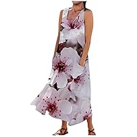 Linen Dress for Women Summer Casual Sleeveless Long Dress Flowy Tank Dress Printed Maxi Dresses with Pockets