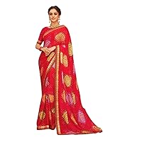 Red Bandhej Printed Woman Designer Chiffon Saree Blouse Gota & Banarasi Border Indian Festival Sari 3679