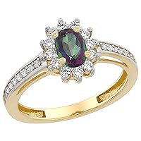 14K Yellow Gold Natural Mystic Topaz Flower Halo Ring Oval 6x4mm Diamond Accents, sizes 5-10