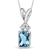 PEORA Solid 14K White Gold Swiss Blue Topaz with Genuine Diamond Pendant for Women, Genuine Gemstone Birthstone Solitaire, Radiant Cut, 7x5mm, 1 Carat total