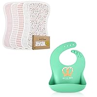 KeaBabies Organic Burp Cloths and Silicone Baby Bibs Bundles - 5 Pack Ultra Absorbent Burping Cloth (Sweet Charm) - Baby Feeding Bibs with Large Food Catcher Pocket (Cupcake)