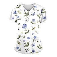 Scrubs Tops with Designs V-Neck Short Sleeve Workwear with Pockets Printed Scrubs Top for Women, S-5XL