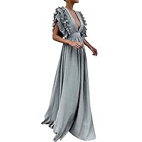 Summer Dresses for Women 2024 Maxi Petite, Women Wrap V Neck Ruffle Sleeve Tiered Midi Dress Tie Waist A Line