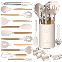 Silicone Cooking Utensils Set - Silicone Kitchen Utensils for Cooking Wooden Handles, 446°F Heat Resistant Kitchen Utensil Spatula Sets w Holder, Gadgets for Non-Stick Cookware BPA FREE (Khaki)