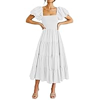 PRETTYGARDEN Women's Casual Summer Midi Dress Puffy Short Sleeve Square Neck Smocked Tiered Ruffle Dresses