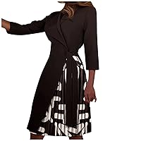 Women's Casual Dresses V Neck Tie Waist 3/4 Sleeves Pleated Solid Color & Print Dress
