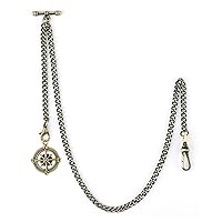Pocket Watch Albert Chain T Bar & Lobster Clasps Watch Chain Vest Chain for Men Curb Link Chain 2 Hooks with Antique Compass Pendant Design Charm Fob T-Bar Chain