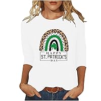 Happy St. Patrick's Day T Shirts Women Funny Irish T-Shirt 3/4 Sleeve Green Leopard Print Shamrock Shirt Tee Tops