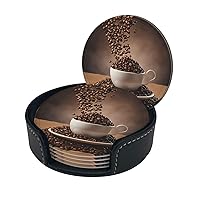 (Coffee Beans) Print Leather Coasters Set of 6 for Drinks with Holder Absorbent Round Cup Mat Pad for Living Room Dining Table Kitchen Home Decor Housewarming Gift