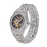 ICEDIAMOND Men's 39 mm Fashion Openwork Manual Winding Mechanical Watch, Full Pave Sparkling Baguette Cubic Zirconia Simulated Diamonds, Luxury Skeleton Round Dial Watch