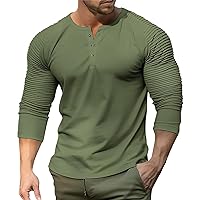 Men's Muscle Shirts Casual Long Pleated Raglan Sleeves T-Shirt Slim Fit Solid Color Button Down Shirts